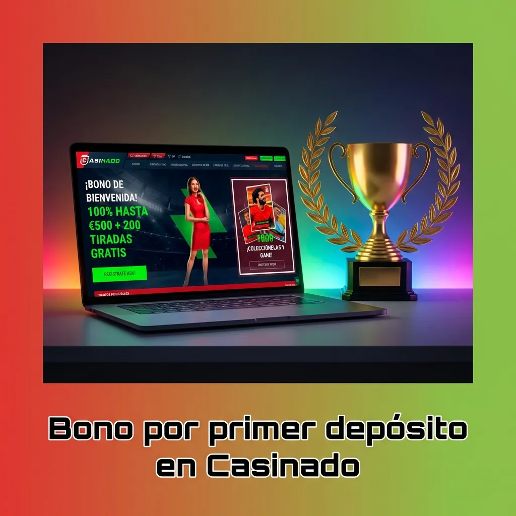 Banner de Casinado: “Bono por primer depósito, 100% hasta 500 € + 200 tiradas gratis” con fichas y ruleta de casino.
