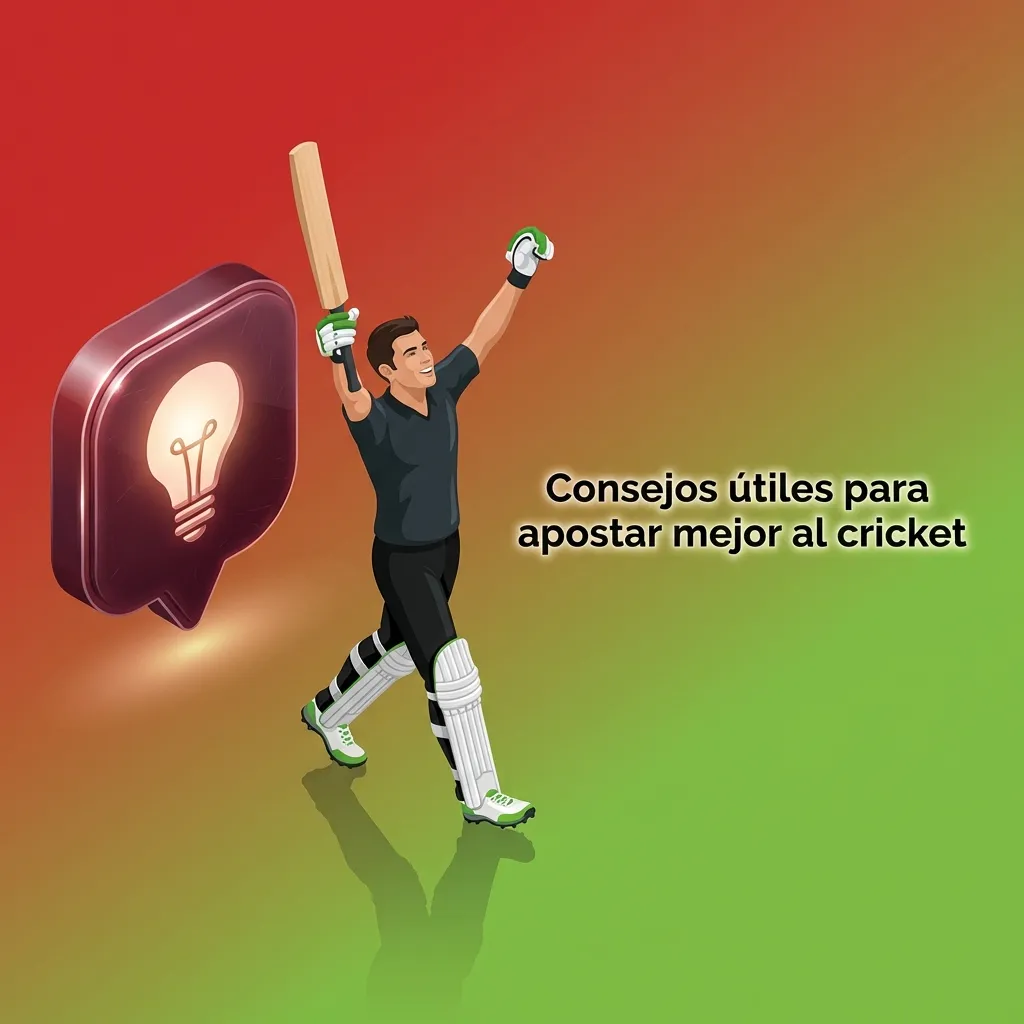 Ilustración de partido de cricket con iconos de análisis, clima y dinero representando consejos para apostar mejor