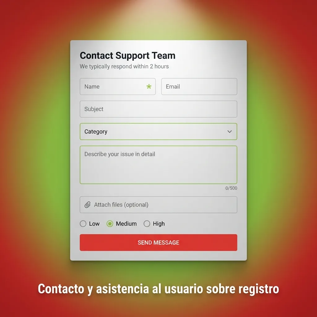 Ilustración de soporte al usuario en línea en España, con iconos de chat, email, formulario y centro de ayuda