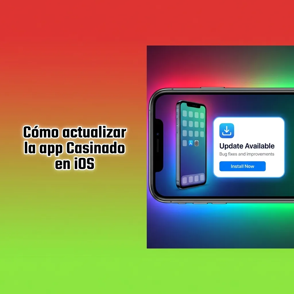 Ilustración de un iPhone mostrando pasos numerados para actualizar la app Casinado en iOS