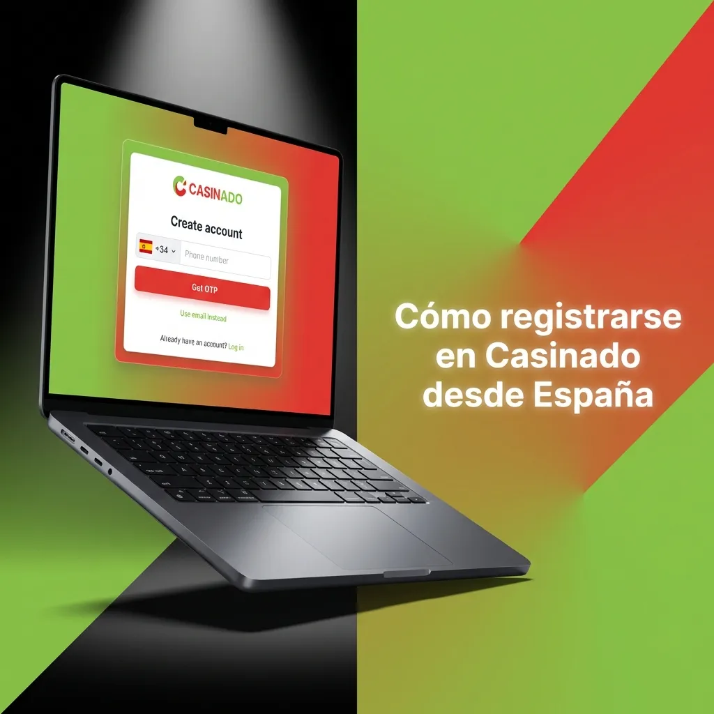 Pantalla de registro de Casinado en español con pasos numerados para crear cuenta desde España en ordenador o móvil